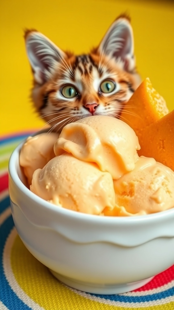 A bowl of homemade cat-friendly ice cream with a curious cat looking at it.